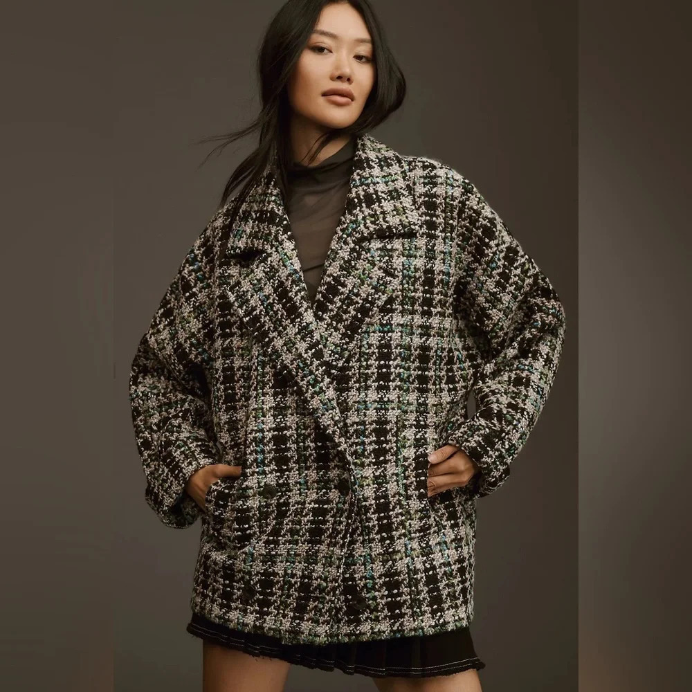 By Anthropologie Double-Breasted Tweed Coat old preppy oversized modern preppy